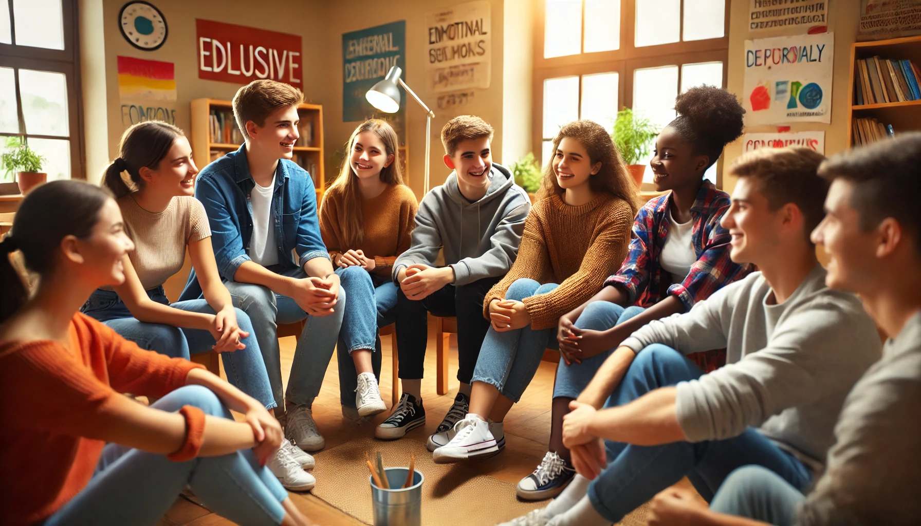 Diverse teenagers sitting together, engaged in conversation